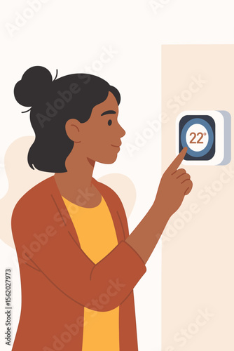 Woman adjusting smart home thermostat. Person setting temperature on digital climate control panel. Concept of energy saving, efficiency, and home automation technology. Vector illustration.