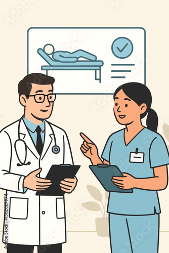 Medical team consultation with doctor and nurse. Male physician and female Asian nurse discussing patient chart and treatment plan. Healthcare professionals cooperating in hospital.