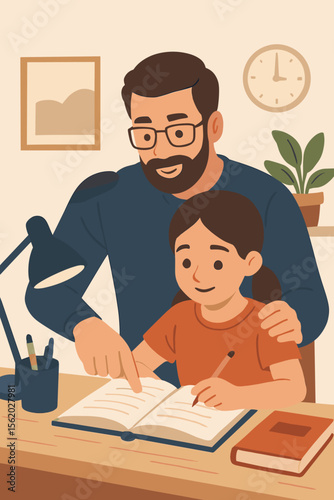 Caring father helping daughter with homework. Dad teaching his kid at home. Family education, homeschooling, and parental support concept. Modern flat vector cartoon illustration.