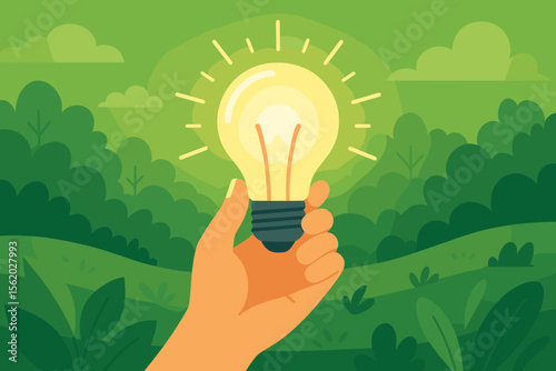 Hand holding a bright light bulb on green nature background. Ecology concept for Earth Day. Renewable, sustainable development and energy saving. Green power, eco innovation idea.