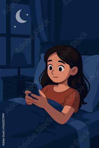 Young woman in bed at night using a smartphone. Concept of screen time addiction, insomnia, and sleeplessness. Girl scrolling social media instead of sleeping. Cartoon vector.