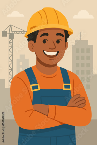 Happy African American construction worker portrait. Smiling Black builder in hard hat on building site. Male engineer or contractor character with arms crossed. Flat vector cartoon illustration.