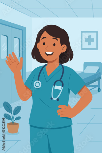 Smiling woman doctor or nurse in blue uniform at a hospital clinic. Happy healthcare worker character waving a welcome greeting. Medical professional concept flat cartoon vector.