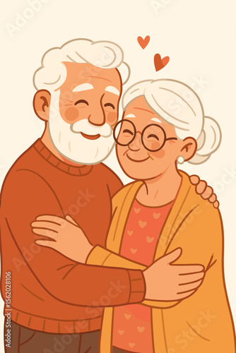 Happy senior couple in love hugging. Elderly man and woman embrace. Grandparents together. Concept of healthy aging, retirement, long-term relationship, and care. Vector cartoon.