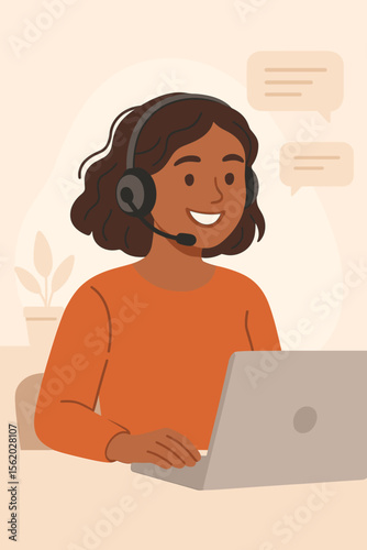 Happy smiling black woman operator with headset working on laptop. Customer service, support agent concept. Call center or hotline worker. Modern flat cartoon vector illustration.