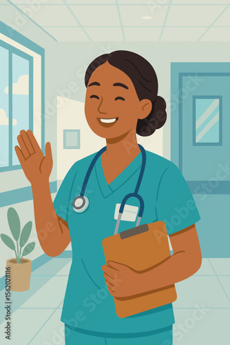 Happy nurse in hospital corridor waving hello. Female healthcare professional, doctor, or practitioner smiling. Medical worker in scrubs with clipboard. Flat vector cartoon illustration.