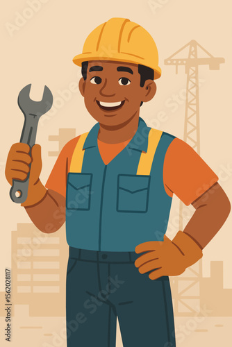 Happy black construction worker, builder, or handyman character with wrench. Smiling professional male engineer in hard hat on a building site. Modern flat cartoon vector illustration.