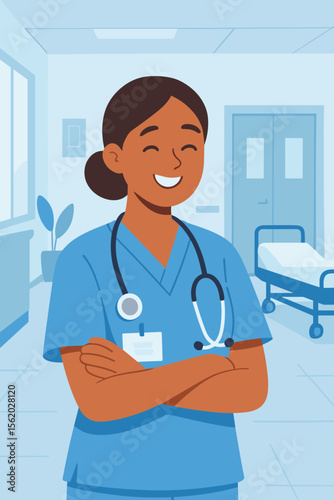 Confident smiling female nurse or doctor in blue scrubs stands in a hospital corridor. Professional healthcare worker with a stethoscope. Medical care and health system concept vector.
