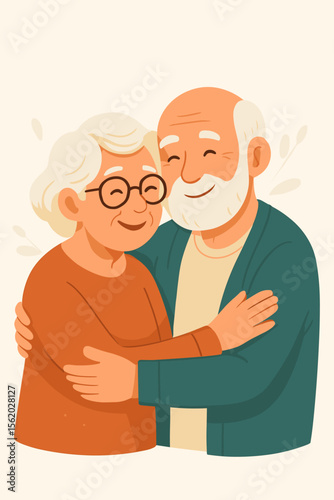 Happy senior couple in love hugging. Elderly man and woman embrace. Grandparents relationship concept. Cartoon vector illustration for retirement, family, and togetherness.