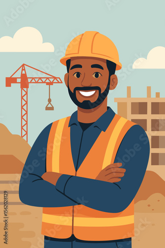 Happy mixed race construction worker in a hard hat and safety vest smiling. Portrait of a confident Black engineer or builder on a construction site with a crane. Vector flat illustration.