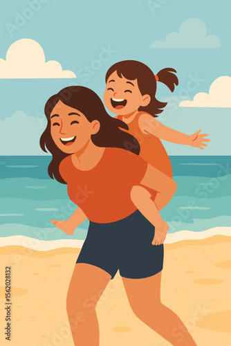 Happy mother giving her laughing daughter a piggyback ride at the beach. Family love and bonding concept. Summer vacation fun. Parenthood joy and happy childhood. Flat vector illustration.