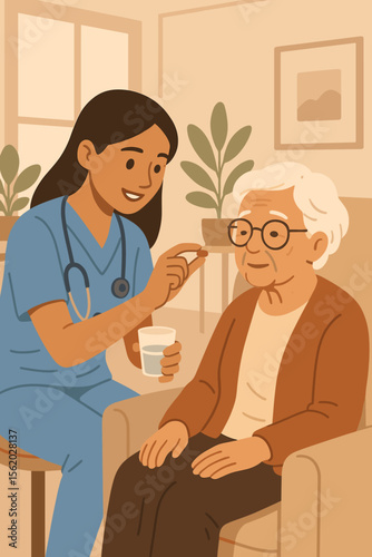 Nurse giving medicine to a senior woman in a nursing home. Caregiver providing medical treatment and support to an elderly patient. Healthcare and geriatrics vector illustration.