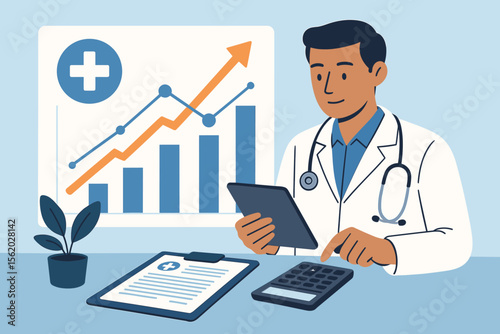 Doctor calculating healthcare costs and analyzing medical report on tablet. Healthcare business concept with finance graph, data analysis, and growth chart. Medical insurance budget.