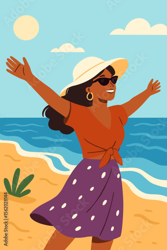 Happy stylish black woman with open arms enjoying summer vacation on the beach. Joyful girl celebrating freedom on a sunny day by the sea. Flat vector cartoon illustration.