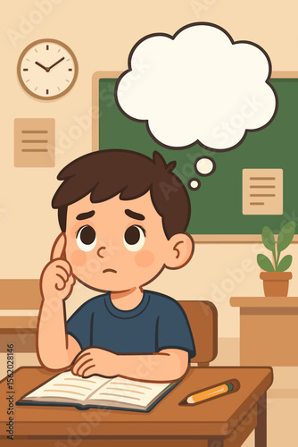 Confused little boy thinking at desk in classroom. Sad student struggling with homework or exam. Concept of learning difficulties, problem solving. Cartoon kid with thought bubble.