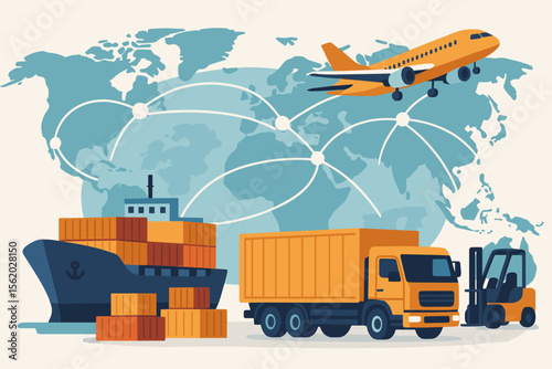 Logistics and transportation concept with cargo ship, truck, airplane, and forklift. Global supply chain network on world map for worldwide shipping, import, export, and freight delivery.