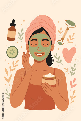 Woman applying green face mask for skincare routine. Beauty treatment concept with natural cosmetics, cream, serum, jade roller, and gua sha. Self care and spa day at home. Vector.