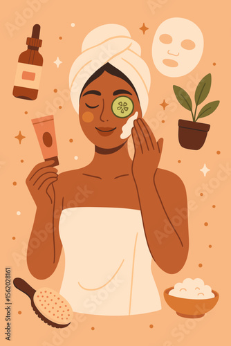 Self care concept. Woman with towel on head applying cosmetic cream for a facial. Beauty skincare routine with serum, mask, and cucumber. Home spa day for wellness and relaxation.