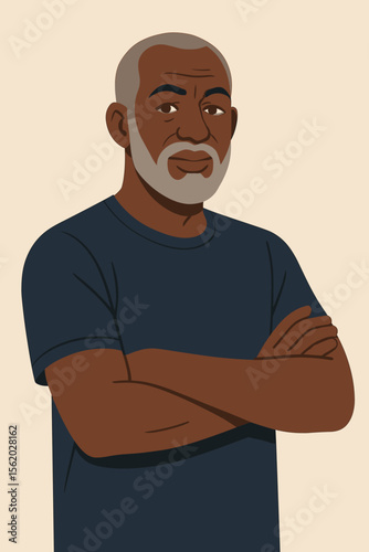 Confident mature Black man with gray beard, crossed arms, looking at camera. Modern flat vector cartoon illustration. African American male portrait, minimal, elder, senior, isolated.