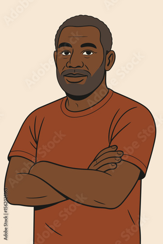 Confident mature black man with crossed arms and a beard looking at the camera. Portrait of an African American male character in a casual t-shirt. Modern flat vector cartoon.