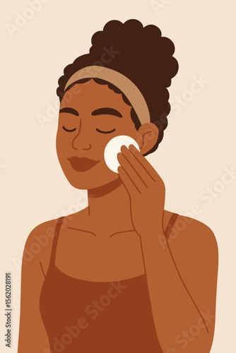 Black woman skincare routine. African American girl cleaning face with cotton pad, removing makeup with cleanser. Beauty, cosmetology, and dermatology concept. Daily self-care vector.