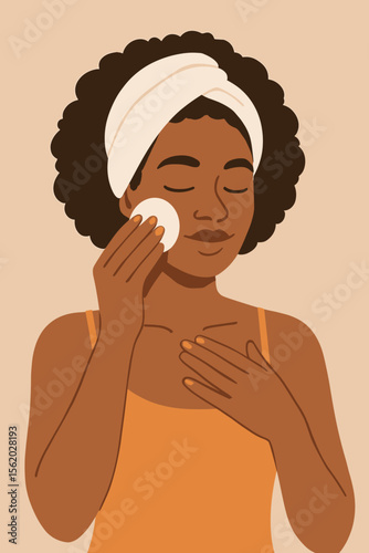 Skincare routine concept with beautiful African American woman cleaning face with a cotton pad. Daily self care, hygiene, and beauty treatment for healthy skin. Flat vector illustration.