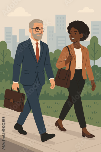 Diverse business colleagues, a senior man and a black woman, walk and talk on their way to work. Professionals commuting in a city park. Concept of teamwork and partnership. Vector.
