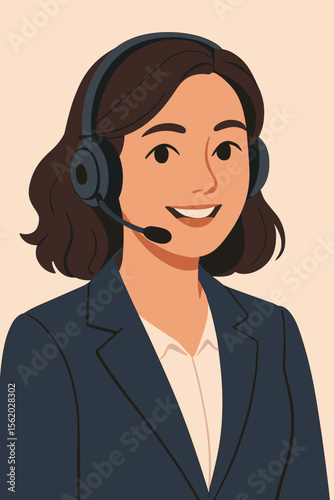Professional businesswoman wearing headset in suit jacket, modern flat vector illustration. Female customer service representative, call center agent, office support, communication concept
