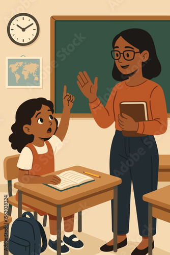 Curious schoolgirl raising hand asking question to teacher in elementary classroom, modern flat vector cartoon illustration of student-teacher interaction, education concept