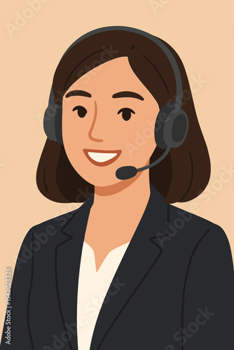 Professional businesswoman customer service representative with headset. Modern flat vector illustration. Call center operator. Female support agent. Office worker. Communication concept.