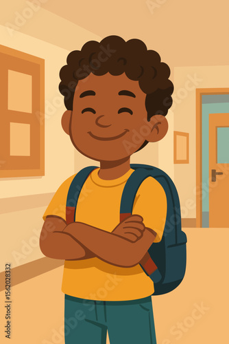 Confident smiling schoolboy with backpack standing in elementary school hallway, modern flat vector cartoon illustration, positive child, education, back to school, classroom background