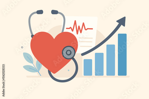 Heart Health Care Growth Concept. Red Heart with Stethoscope, ECG Heartbeat Report, Rising Medical Business Data Graph. Cardiologist, Healthcare Investment, Medicine Analytics, Wellness Improvement