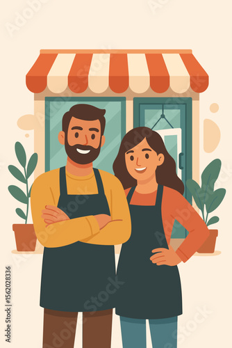 Small business owners couple standing outside shop. Modern flat vector illustration of entrepreneurs in aprons, storefront, teamwork, partnership, local retail, small business concept
