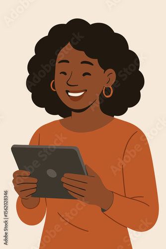 Confident African American Woman Using Digital Tablet. Modern Flat Vector Illustration. Black Female Character with Curly Hair, Gold Hoop Earrings, Casual Fashion, Technology, Communication Concept