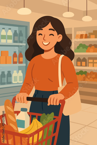 Happy young woman shopping in supermarket with grocery cart, fresh food, bread, milk, bananas, vegetables, eco bag, modern flat vector illustration, healthy lifestyle, retail store interior
