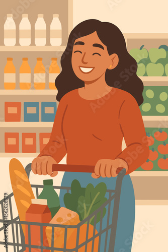 Woman Shopping at Supermarket with Grocery Cart, Modern Flat Vector Illustration, Food and Drink Aisles, Healthy Lifestyle, Fresh Produce, Bread, Cheese, Juice, Market Shopping Concept