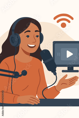 Smiling woman podcast host with headphones speaking into microphone, modern flat vector illustration of online radio broadcasting, streaming, digital communication concept
