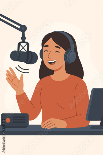 Smiling woman podcast host in headphones speaking into microphone. Modern flat vector illustration of female radio presenter recording audio show, broadcasting online, internet radio station concept