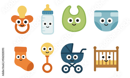 Cute baby essentials set with smiling faces: pacifier, bottle, stroller, crib, and more