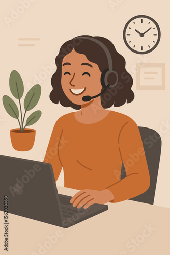 Online counselor working from home with headset, virtual therapy session, telehealth consultation, remote mental health support, modern flat vector illustration, home office workspace