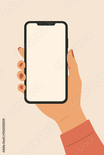 Female hand holding smartphone with blank screen, modern flat vector illustration. Mockup template for mobile app, social media, user interface, technology, communication, digital device concept