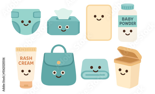 Cute baby care products with smiling faces: diaper, wipes, rash cream, and more essentials