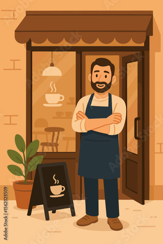 Coffee shop owner standing confidently at cafe entrance, arms crossed, wearing apron, modern flat vector illustration, small business concept, cozy coffeehouse exterior, entrepreneurship