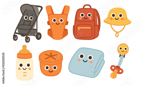 Adorable baby essentials with smiling faces: stroller, carrier, backpack, and more