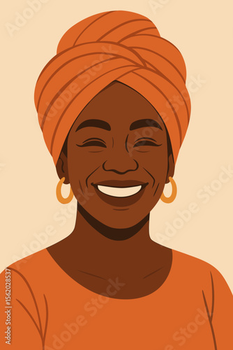 Modern flat vector illustration of African woman in orange headwrap and earrings, meditative pose, mindfulness, self-care, relaxation, wellness, minimalist cartoon portrait, vibrant colors