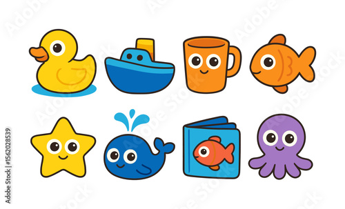 Colorful cartoon sea creatures and objects with smiling expressions for kids