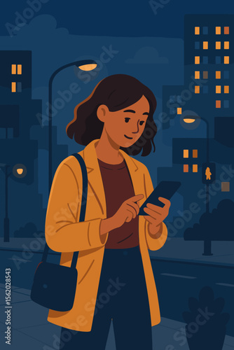 Young woman walking city street at night using smartphone, urban evening scene, modern lifestyle, streetlights, digital communication, safety awareness, casual fashion, flat vector illustration