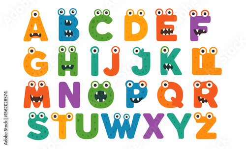Colorful monster alphabet: playful letters with eyes and teeth for kids' learning
