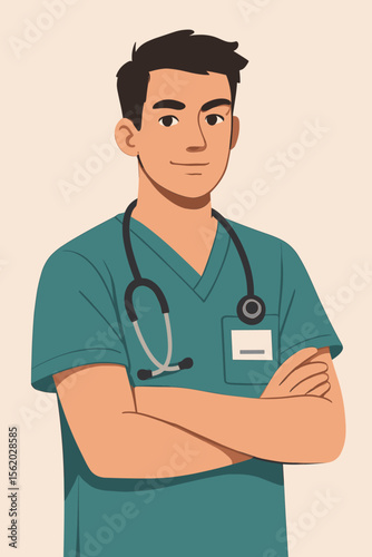 Confident young male nurse in scrubs with stethoscope and ID badge, arms crossed, standing in hospital. Modern flat vector illustration for healthcare, medical staff, clinic, professional concept