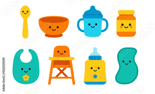 Colorful baby feeding icons featuring bowls, bottles, spoon, and highchair with smiling faces